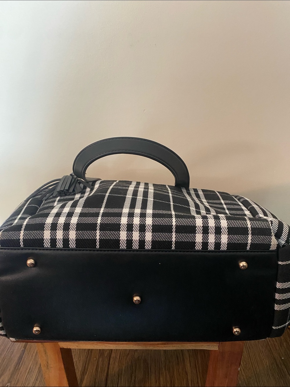 White Elm Gemini convertible backpack tote black and white tartan plaid. Travel - Picture 7 of 9